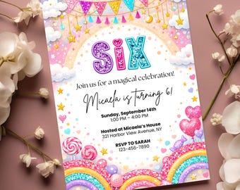 6th Birthday Invitation Template, Editable Rainbow Sequin Party Invite, Printable Canva Birthday Invitation, Instant Download