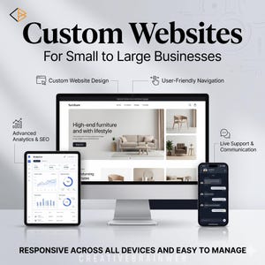 May include: An image promoting custom website design services, featuring a computer monitor, tablet, and smartphone. The text "Custom Websites For Small to Large Businesses" is prominent. Other text highlights features like "Custom Website Design" and "User-Friendly Navigation."