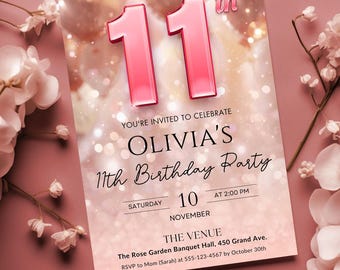 Digital 11th Birthday Invitation girl, Rose Gold 11th Birthday Dinner Party Invite, Digital Printable Birthday Invite