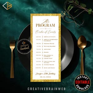 White and Gold Birthday Program Template | Glitter Birthday Dinner Itinerary | Party Agenda Card | Editable Canva