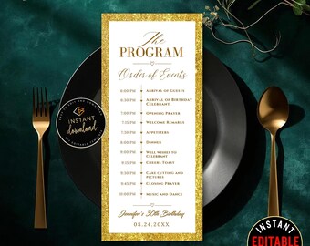 White and Gold Birthday Program Template | Glitter Birthday Dinner Itinerary | Party Agenda Card | Editable Canva