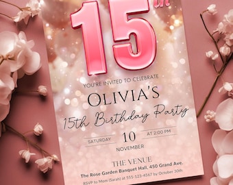 Rose Gold 15th Birthday Invitation: Pink Party Invite (Digital Download)