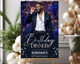 Blue Black Gold Welcome Sign Template | Editable Birthday Party Poster Template (Digital Download)