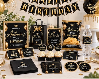 Birthday Party Favor Templates | Black and Gold Birthday Party Favors | Editable Canva Template | Digital Download