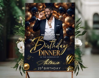 Editable Birthday Welcome Sign: Luxury Black & Gold Party Poster (Digital Download, Canva Template)