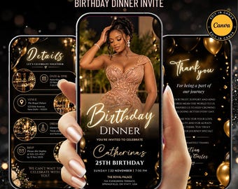 Luxury Gold Birthday Dinner Invitation | Elegant Birthday Party Invite | Editable Canva Template