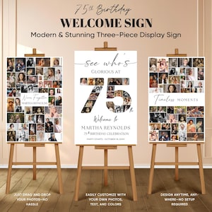 Editable 75th Birthday Welcome Sign with Photo Collage, Printable Canva Poster Set of 3, Personalized Milestone Party Signs
