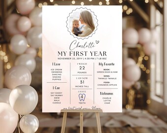 May include: A personalized sign for a baby's first year, featuring a photo of a baby and mother. The sign includes the baby's name, birth date, weight (22 pounds), height (31 inches), and favorite things. The sign is displayed on a wooden easel.