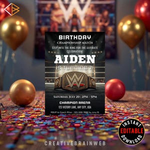 May include: A black invitation card with gold and red accents, featuring a wrestling championship belt. The card reads "BIRTHDAY CHAMPIONSHIP MATCH" and "AIDEN IS TURNING 7!" with event details. Gold and red balloons and confetti surround the card.