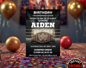 Puede incluir: Una tarjeta de invitación negra con detalles dorados y rojos, con un cinturón de campeonato de lucha libre. La tarjeta dice "CUMPLEAÑOS CAMPEONATO MATCH" y "¡AIDEN CUMPLE 7!" con detalles del evento. Globos dorados y rojos y confeti rodean la tarjeta.