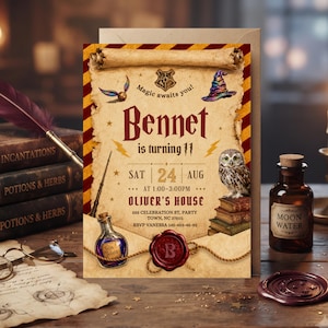 May include: A rectangular birthday invitation card with a parchment-style background, featuring a red and gold striped border. The text reads: Bennet is turning 11, Sat 24 Aug, at 1:00-3:00pm, Oliver's House, 555 Celebration St, Party Town, NC 27501, RSVP Vanessa 145-453-45-92.
