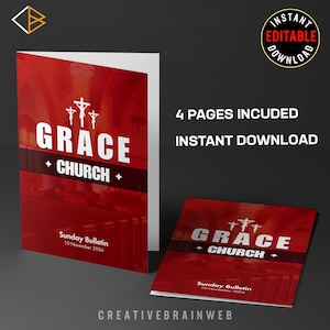 Op de afbeelding: Een rood en wit kerkbulletin met de woorden "GRACE CHURCH" en "Sunday Bulletin 10 November 2026." Het bulletin wordt open en dicht getoond, met de woorden "4 PAGES INCUDED" en "INSTANT DOWNLOAD."