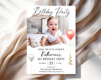 Editable 1st Birthday Invitation Template | Digital Baby Party Invite | Printable Neutral Canva Birthday Card