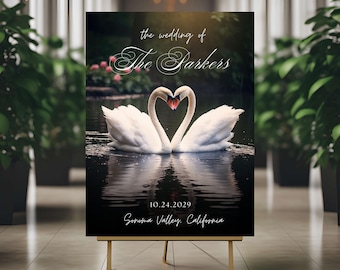 Luxury Swan Wedding Welcome Sign | Moody Floral Entrance Decor | Editable Canva Wedding Template