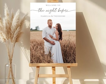 Rehearsal Dinner Welcome Sign with Photo: Editable Boho Wedding Decor (Canva Template)