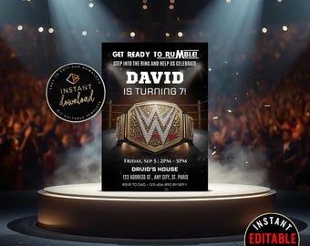 Wrestling Birthday Invitation Template | Championship Belt Ticket | Editable Canva Digital Download