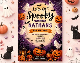 Spooky Birthday Invitation | Ghost & Pumpkin Halloween Party Invite | Let's Get Spooky | Editable Canva Template
