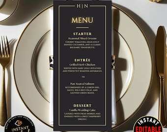 Monogram Wedding Menu Template, 4x6 5x7 Wedding Menu Sign, Black