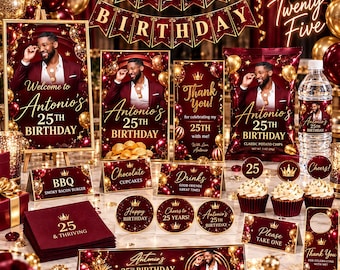 Burgundy Wine Red and Gold Birthday Party Favor Bundle | Printable Favor Templates | Editable Canva