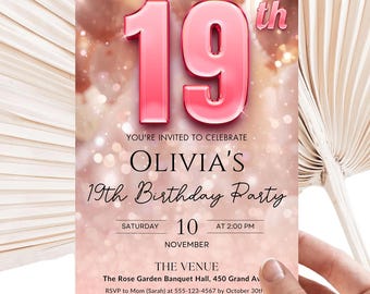 Rose Gold 19th Birthday Invitation: Blush Pink Party (Digital)