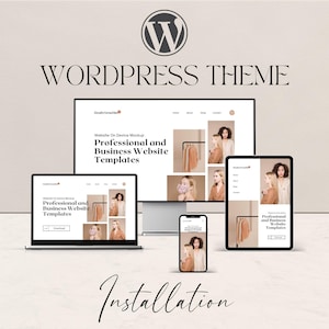 Könnte beinhalten: Ein digitales Mockup, das ein WordPress-Theme auf mehreren Geräten zeigt: Laptop, Desktop-Monitor, Tablet und Smartphone. Das Theme ist für professionelle und Business-Websites. Das WordPress-Logo ist oben.