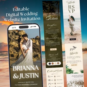 Puede incluir: Una invitación digital para una página web de boda en la pantalla de un smartphone. La invitación presenta los nombres "Brianna & Justin" e incluye detalles para la ceremonia, la recepción y la información de RSVP. El diseño tiene un tema de playa con palmeras y una puesta de sol.