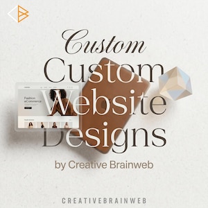 Può includere: Immagine promozionale per servizi di progettazione di siti web personalizzati. L'immagine presenta un tablet, un mockup di sito web e una forma geometrica. Il testo include "Custom Website Designs" e "by Creative Brainweb."