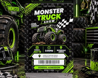 Monster Truck Birthday Invitation | Ticket Style Truck Party Invite for Kids | Editable Canva Template
