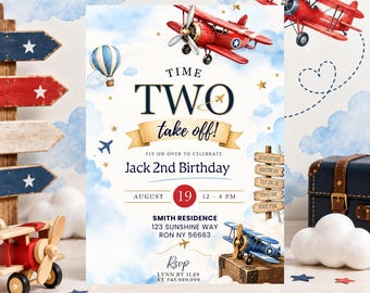 Airplane 2nd Birthday Invitation | Time TWO Fly Party Invite for Boy | Modern Aviation Theme | Editable Canva