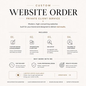 May include: A website order service advertisement with a cream background and black text. The text includes "Custom Website Order" and details about custom design, integrations, SEO setup, and tailored needs. Additional sections highlight fast delivery, clean design, and results-focused approach.