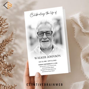 May include: A black and white memorial card featuring a photograph of a smiling older man wearing glasses. The text "Celebrating the life of" is above the man's name, Walker Johnson, with dates and service details.