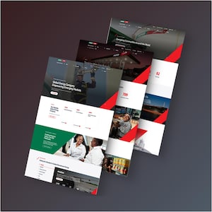 K&ouml;nnte beinhalten: Ein Stapel von Website-Mockups mit einem rot-gr&uuml;nen Farbschema. Die Websites zeigen Bilder von Personen, Tankstellen und Texten wie "Global Energy Company Empowering Emerging Markets" und "Energizing Communities Around the World."