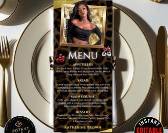 Cheetah Print Menu Template | Editable Leopard Cherry Design | Printable Dinner Brunch Menu | Girls Night Party Decor