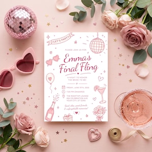 Può includere: Un invito rettangolare bianco con illustrazioni a linee rosa che includono una palla da discoteca, occhiali da sole a forma di cuore, una bottiglia di champagne e un bicchiere da cocktail. Il testo recita: Please join us for Emmas Final Fling.