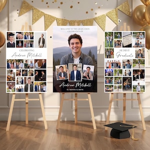 May include: Three graduation posters on wooden easels. The posters feature a collage of photos and the name "Andrew Mitchell". One poster says "Celebrating Andrew Mitchell", another says "Welcome to the Graduation Celebration of Andrew Mitchell", and the third says "He Did It Graduate".