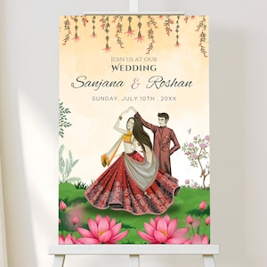 Indian Wedding Welcome Sign | Custom Digital PDF | Mehndi Sangeet Reception Decor | Watercolor Flowers & Elegant Design