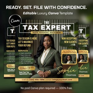 May include: A promotional graphic for a tax expert, featuring a professional woman in a green suit. The design includes text like "The Tax Expert," "Now Accepting New Clients," and contact information. The Canva template is advertised as free.