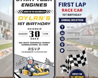 First Lap Race Car 1st Birthday Invitation Template | Animated Photo Racing Invite | Editable Canva WhatsApp Download