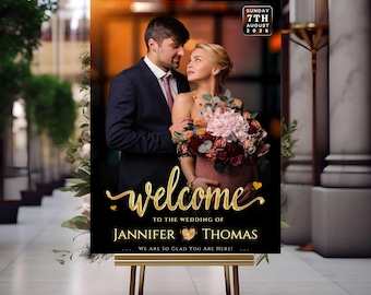 Wedding Photo Welcome Sign Template | Black and Gold Wedding Reception Poster | Editable Canva