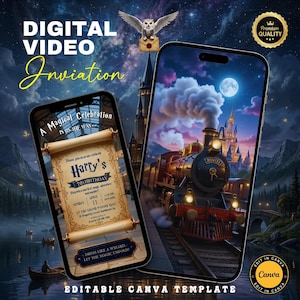 May include: Two smartphones displaying a digital video invitation template. One screen shows a scroll with text including Harry's 7th Birthday, while the other shows a steam train approaching a castle under a full moon. Includes a flying owl graphic.