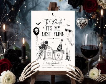 Halloween Bachelorette Welcome Sign | Til Death Do Us Party | Bride or Die Gothic Bach Decor | Editable Canva