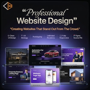 May include: An image promoting website design services. The text reads "Professional Website Design" and "Creating Websites That Stand Out From The Crowd." Examples of website designs include real estate, automotive, and a wellness yoga app.