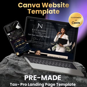 Op de afbeelding: Een laptop en smartphone tonen een Canva-website sjabloon voor een belastingprofessional. De website heeft een professioneel ontwerp met de tekst "Get Your Maximum Refund" en "Stress Free". De afbeelding bevat ook de tekst "PRE-MADE Tax- Pro Landing Page Template."