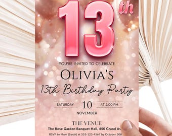 Rose Gold 13th Birthday Invitation | Teen Girl Party (Digital)
