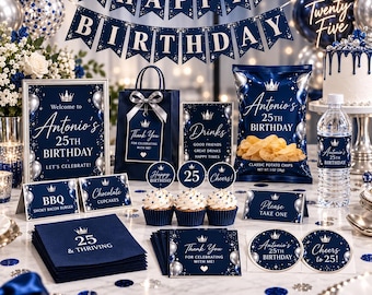 Sapphire Blue and Diamond Silver Birthday Party Favor Templates | Printable Party Decor Bundle | Editable Canva