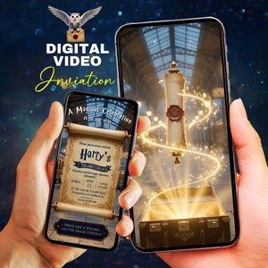 May include: A digital video invitation displayed on two smartphones. The screens show a parchment scroll with text including 'A Magical Celebration', 'Harry's 7th Birthday', and details for a party at the Grand Wizard Hall, featuring an owl graphic.