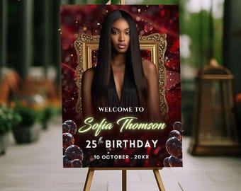 Red and Gold Birthday Welcome Sign | Elegant Party Poster Template | Printable Digital Download