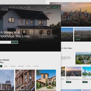 K&ouml;nnte beinhalten: Eine Website-Oberfl&auml;che mit dunklem Header und wei&szlig;em Hintergrund. Der Header enth&auml;lt den Text "Find A Home In a Neighborhood You Love." Darunter befinden sich Optionen zum Erkunden von H&auml;usern in Ihrer N&auml;he mit Bildern von Immobilien und Stadtlandschaften.
