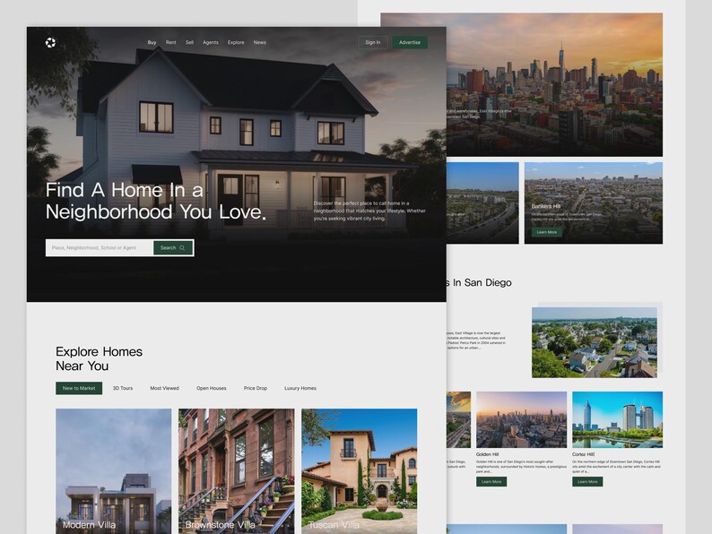 K&ouml;nnte beinhalten: Eine Website-Oberfl&auml;che mit dunklem Header und wei&szlig;em Hintergrund. Der Header enth&auml;lt den Text "Find A Home In a Neighborhood You Love." Darunter befinden sich Optionen zum Erkunden von H&auml;usern in Ihrer N&auml;he mit Bildern von Immobilien und Stadtlandschaften.