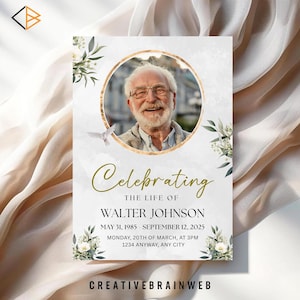 Puede incluir: Tarjeta conmemorativa con la foto de un anciano en un círculo con borde dorado. La tarjeta presenta el texto "Celebrating the Life of Walter Johnson" con fechas y lugar. Ilustraciones florales y de palomas adornan los bordes.